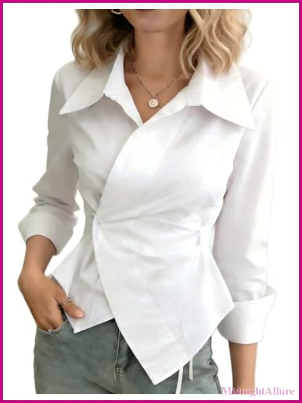 Dressy Wrap Blouse Long Sleeve Asymmetrical V-neck Slim Fit Work Top